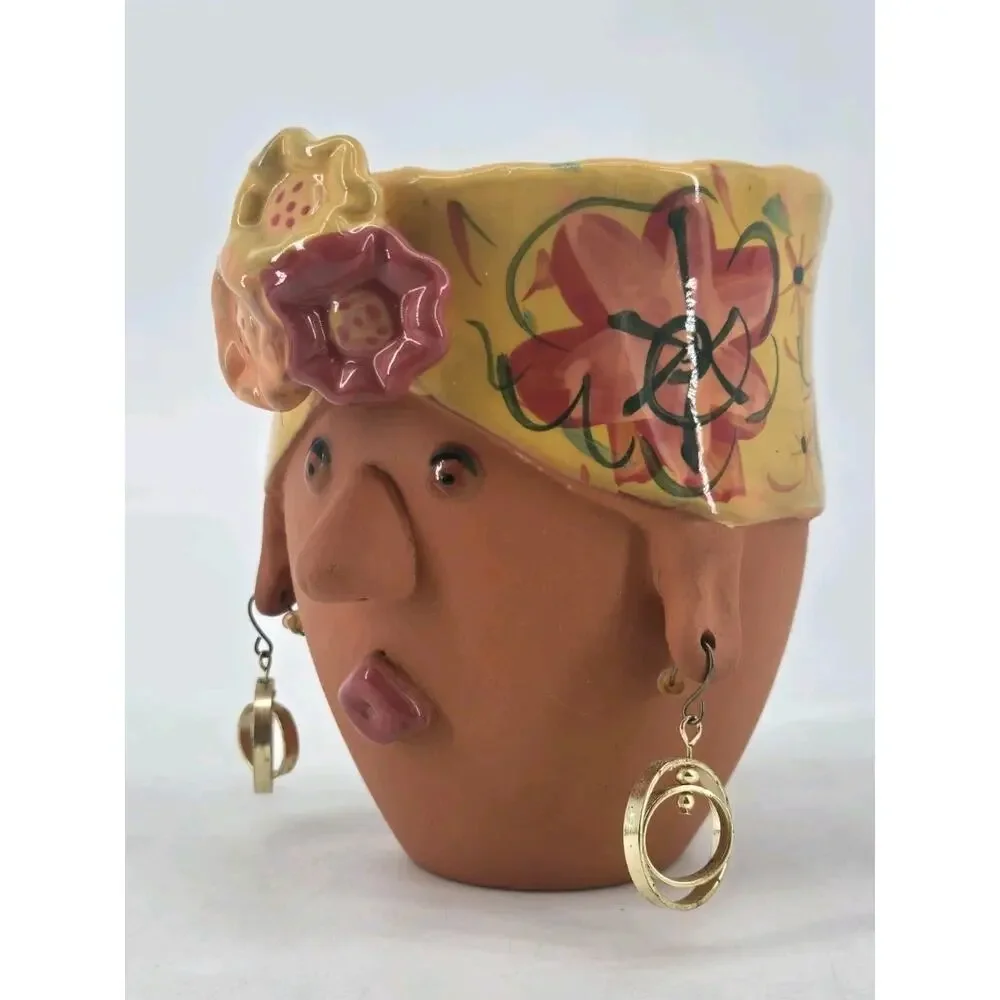 Vtg Whimsical Bird Brain 2005 Terra Cotta Lady Turban Planter Pot Head Yellow